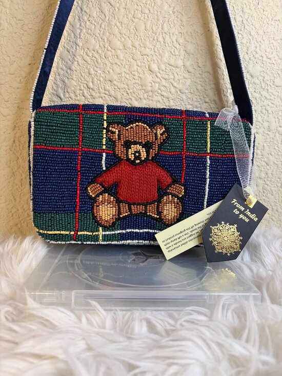 From India To You Handbags - From India To You Teddy Bear Plaid Hand Beaded Shoulder Bag Purse NWT